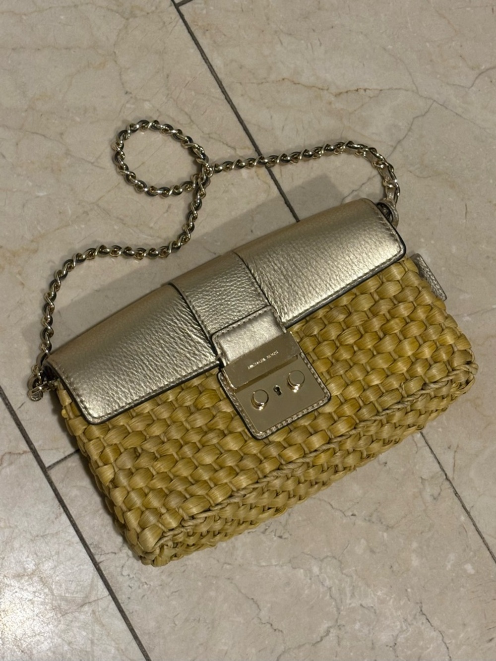 Michael Kors Woven Straw Crossbody with Gold Leather Flap